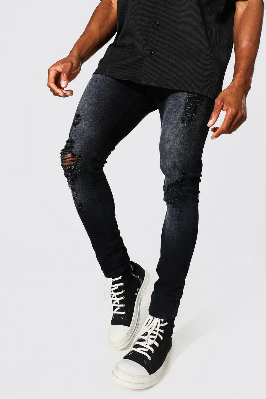 Washed black Super skinny jeans med slitna knän image number 1
