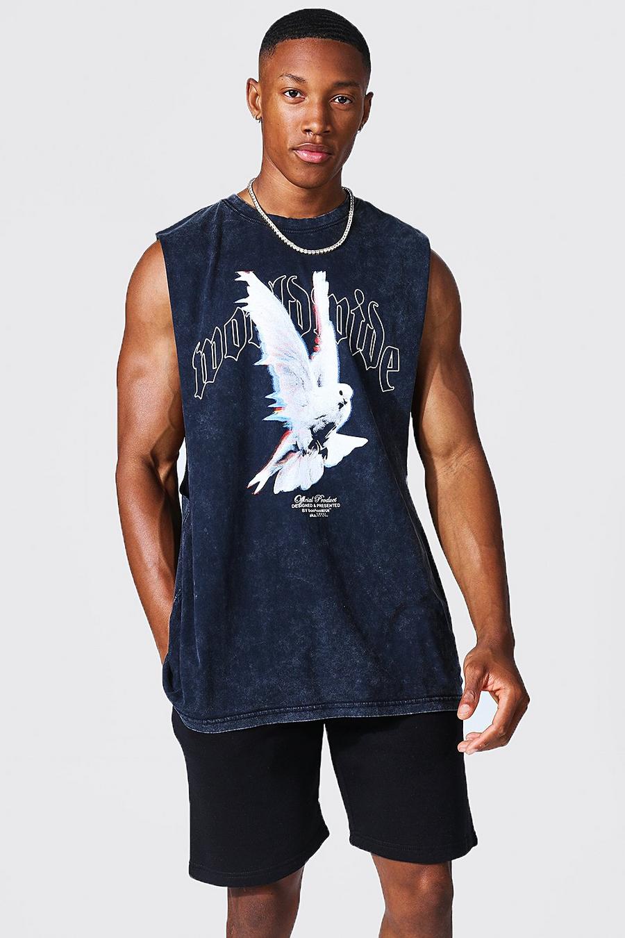 Camiseta sin mangas oversize con sisa ancha y lavado de ácido con estampado de paloma, Charcoal gris image number 1