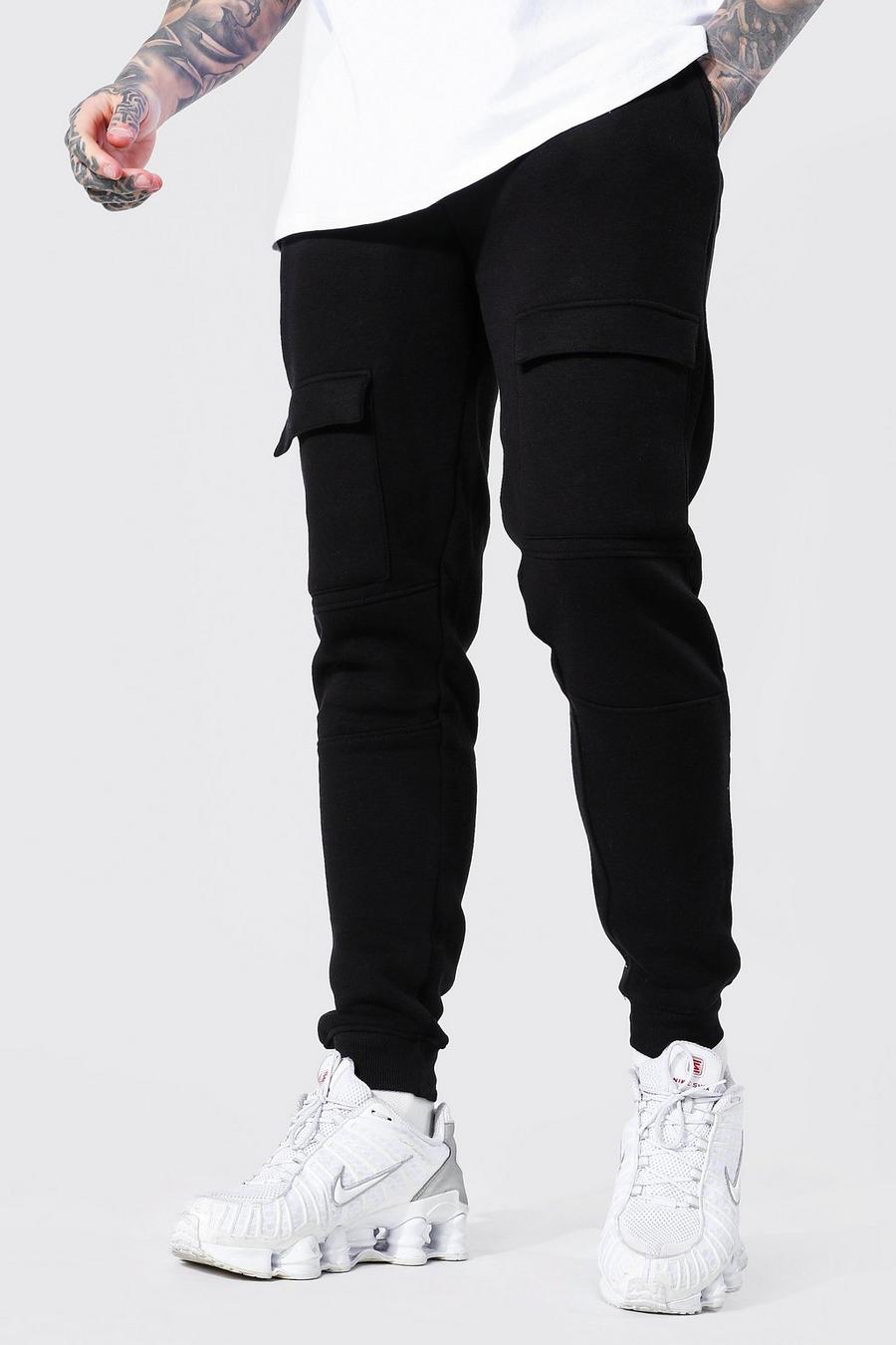Pantaloni tuta Slim Fit stile Cargo con tasche e pannelli, Black nero