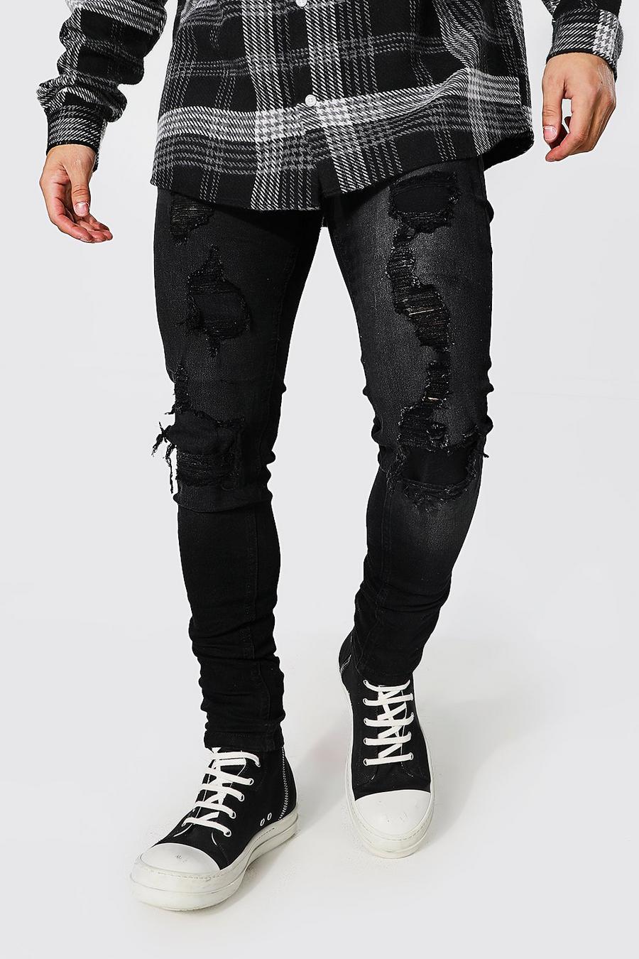 Washed black Super Skinny Rip & Repair Self Fabric Jeans image number 1