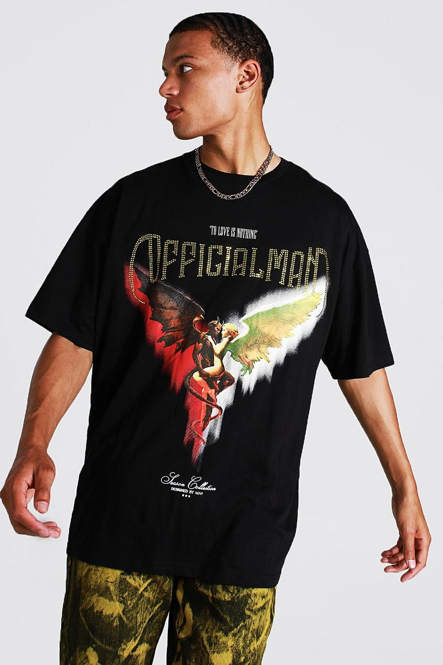 Camiseta Tall oversize con estampado gráfico e incrustaciones, Black nero image number 1