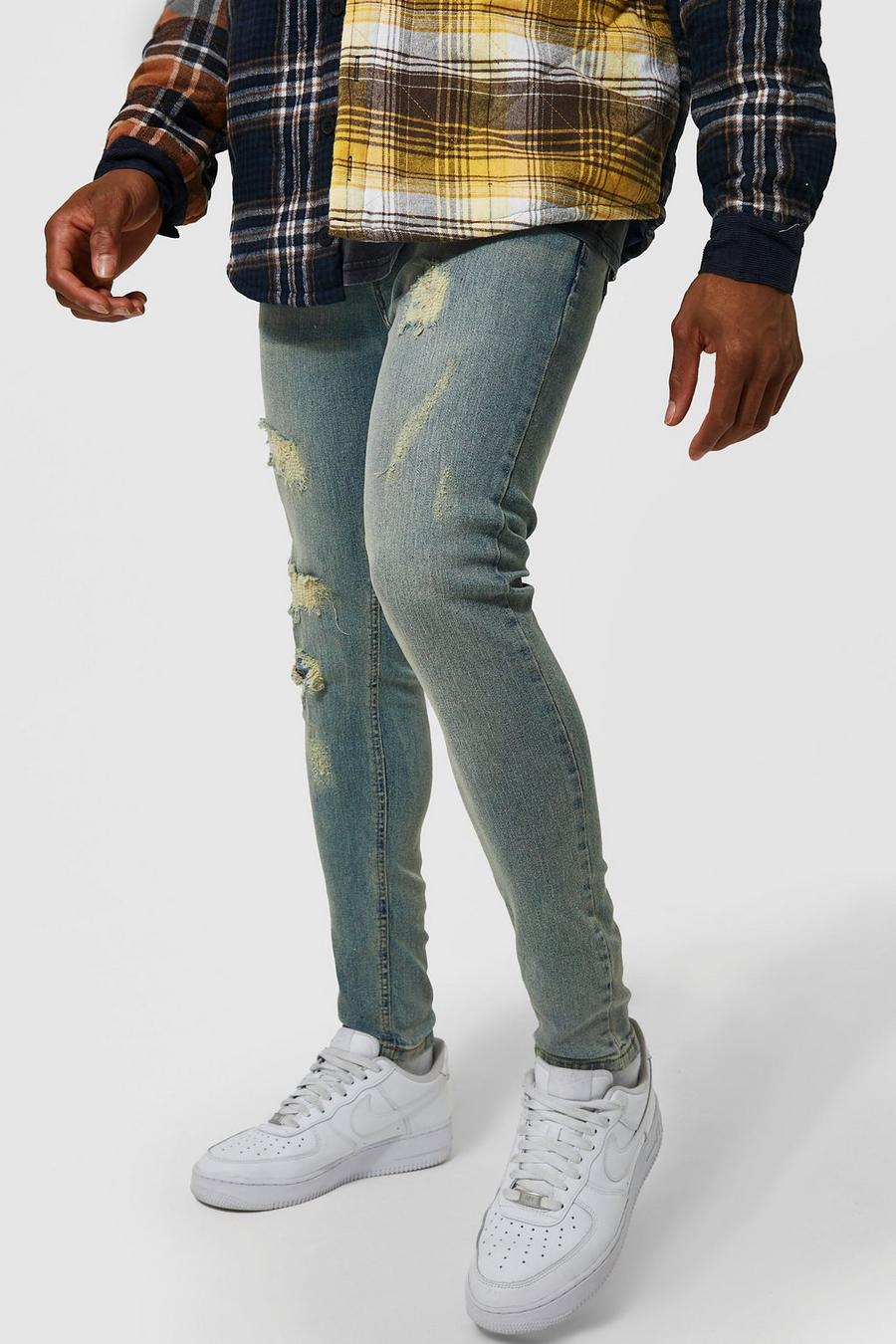 Antique blue Super skinny jeans med slitage och lagningar image number 1