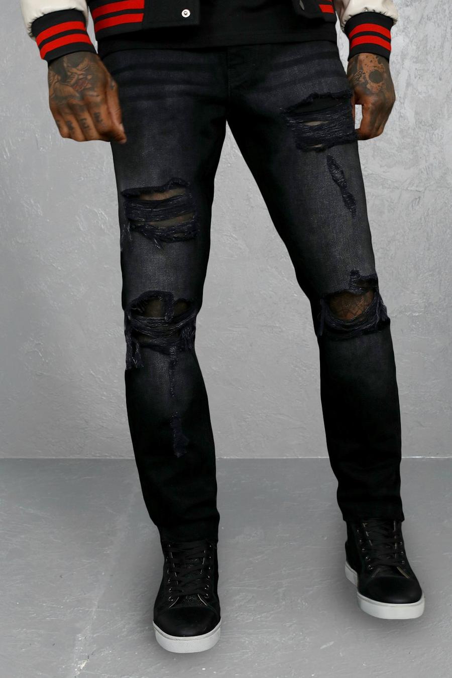 Washed black Slim Fit Distressed Hem Ripped Jeans image number 1