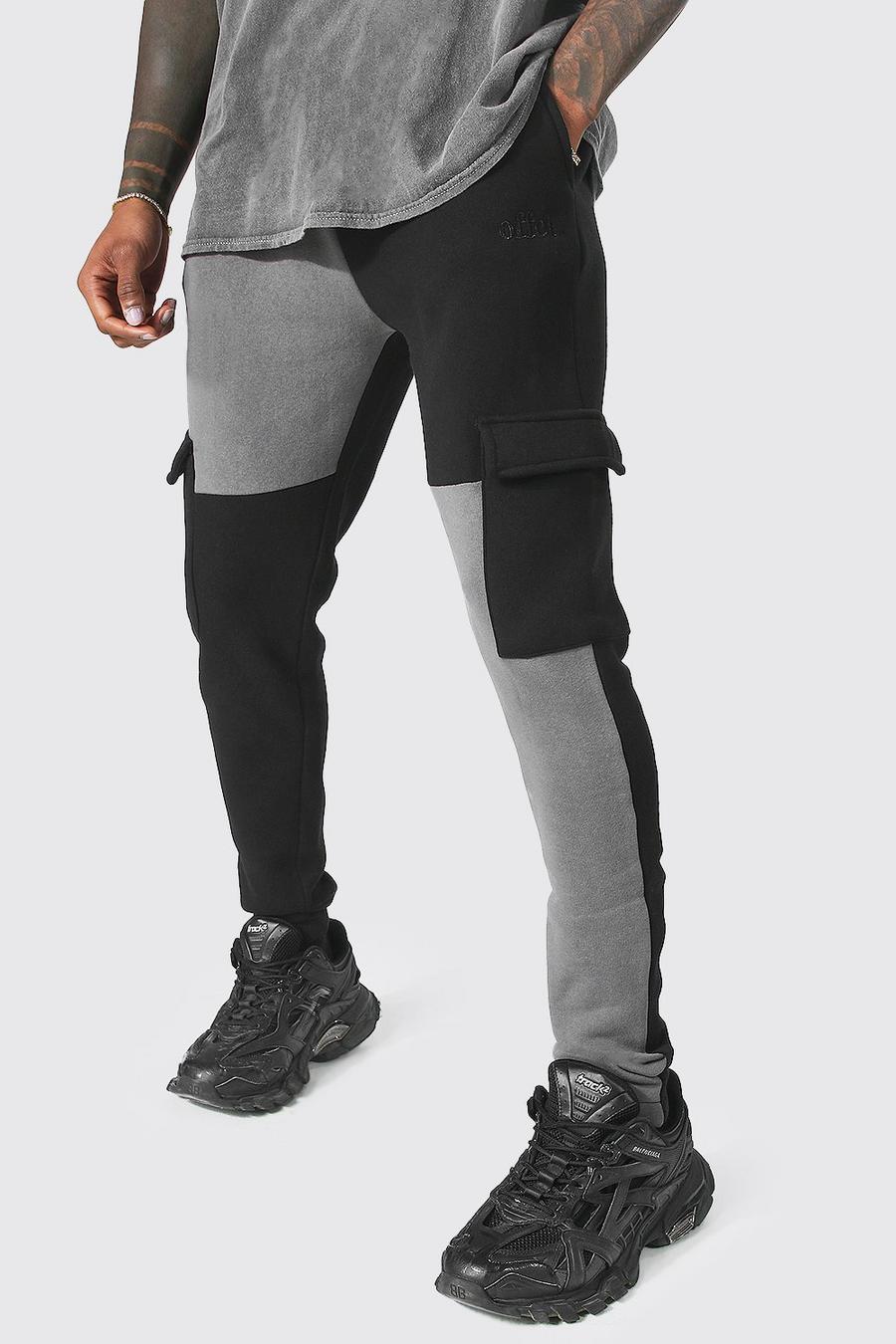 Pantaloni tuta Cargo a effetto patchwork, Black nero image number 1