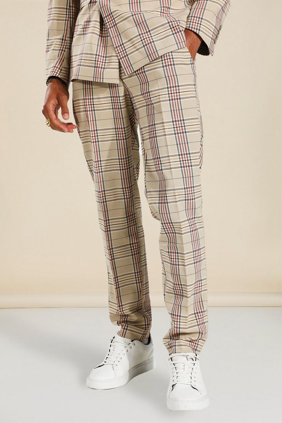 Beige Slim Check Suit Trousers image number 1