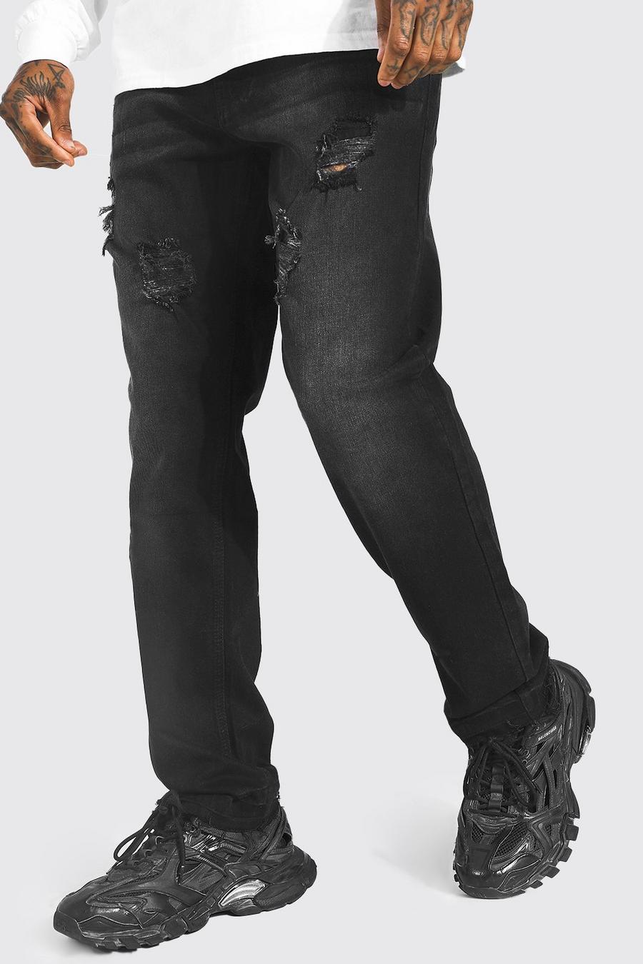 שחור דהוי ג'ינס בגזרה ישרה מבד קשיח עם קרעים image number 1