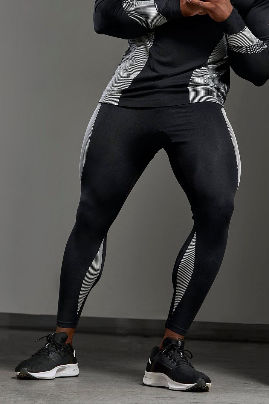 Black svart Man Active Gym Ribbed Seamless Leggings