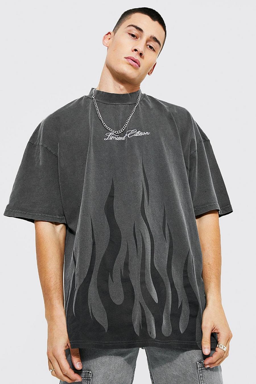 Camiseta oversize Limited con lavado de ácido y estampado de llamas, Charcoal grigio image number 1