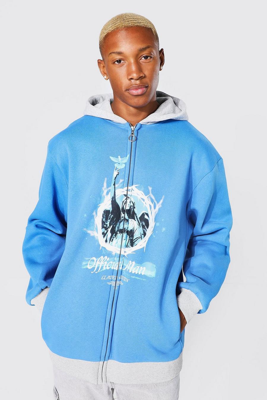 Blue Oversized Official Man Zip Through Hoodie image number 1
