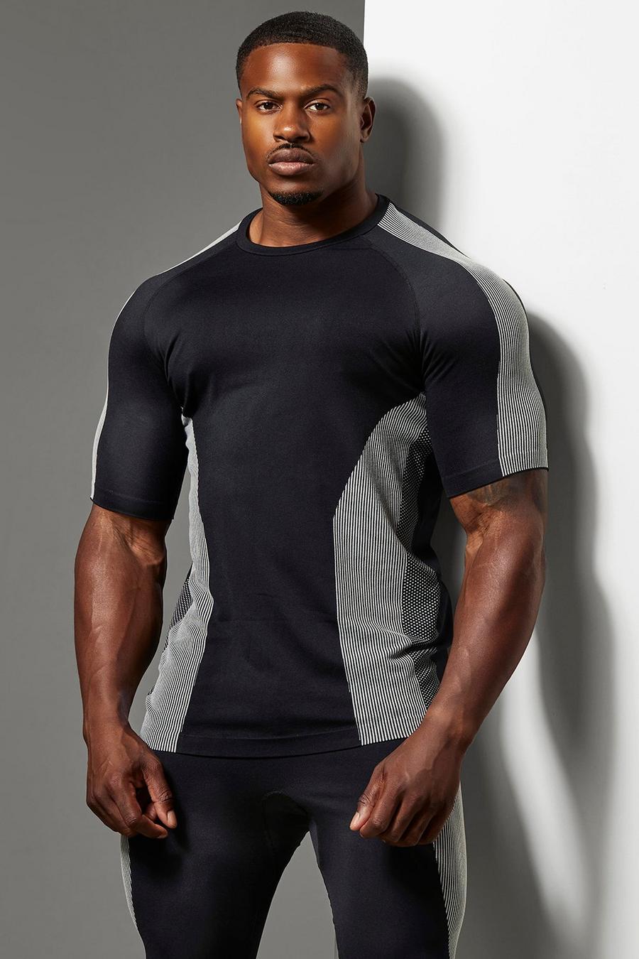 Black Muscle Fit Gym Ribbed Seamless T Shirt image number 1