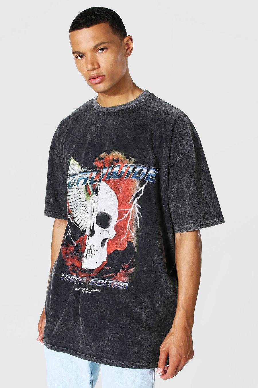 Black Tall Oversized Acid Wash Spliced Skull T-Shirt image number 1
