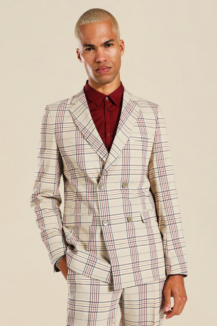 Beige Slim Double Breasted Check Suit Jacket image number 1