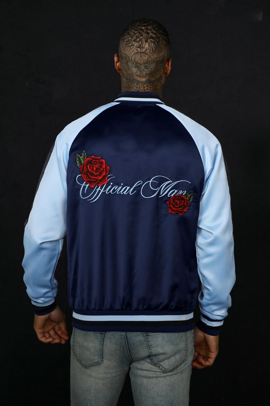 Blue bleu Satin Rose Souvenir Jacket image number 1