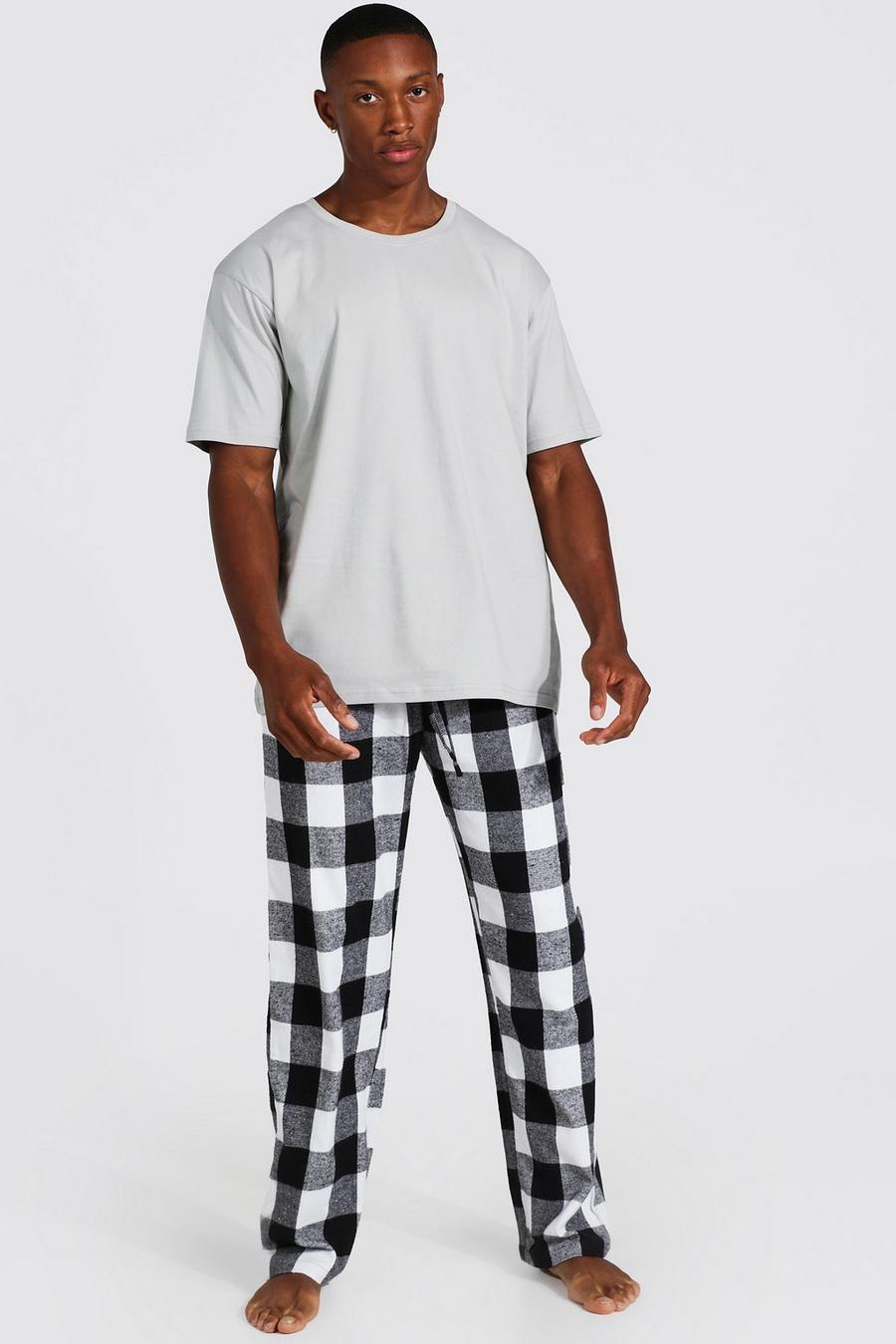 Black Woven Check Pyjama Bottoms And T-shirt Set