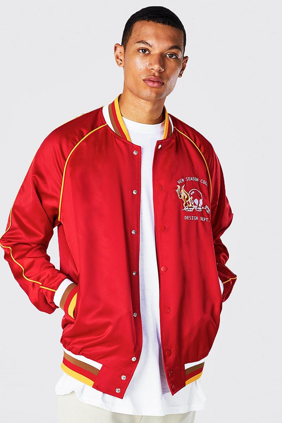 Red Tall Skull Embroidered Souvenir Jacket image number 1