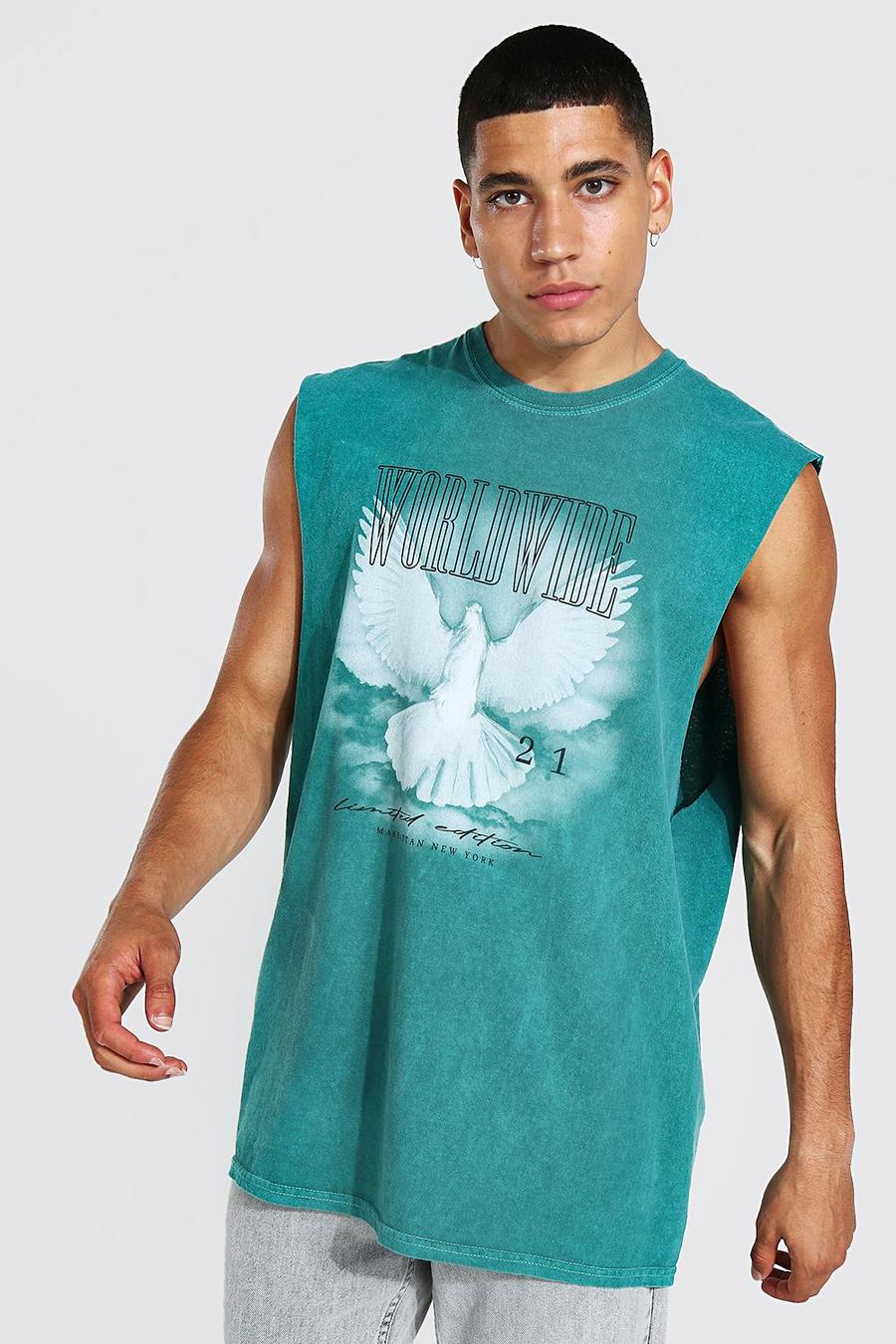 Camiseta sin mangas oversize con sisa ancha y sobreteñido con paloma, Green image number 1
