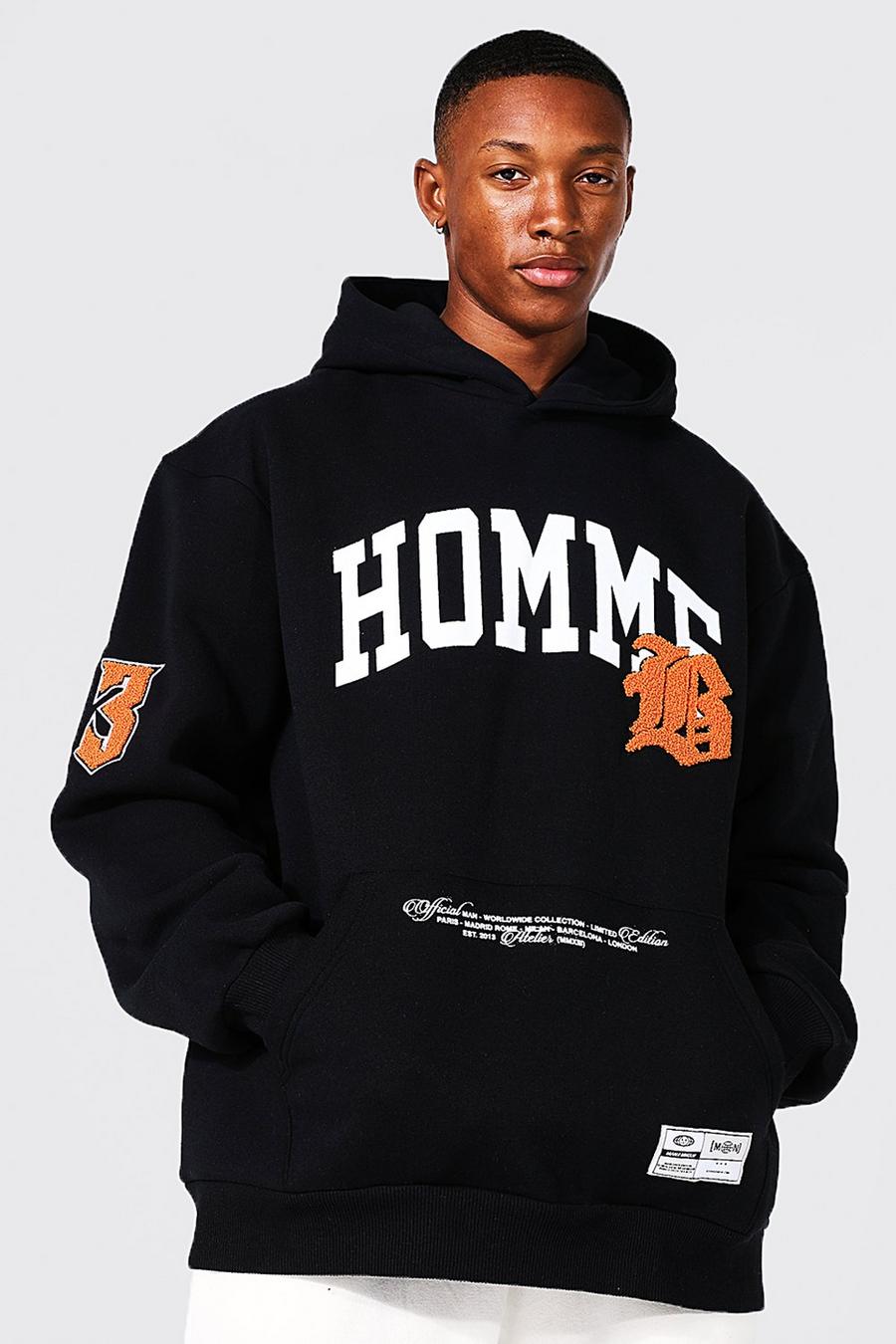 Black svart Homme Oversize hoodie i varsitystil image number 1