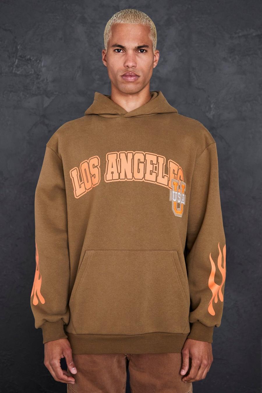 Sudadera con capucha oversize universitaria con apliques de Los Angeles, Brown marrón image number 1