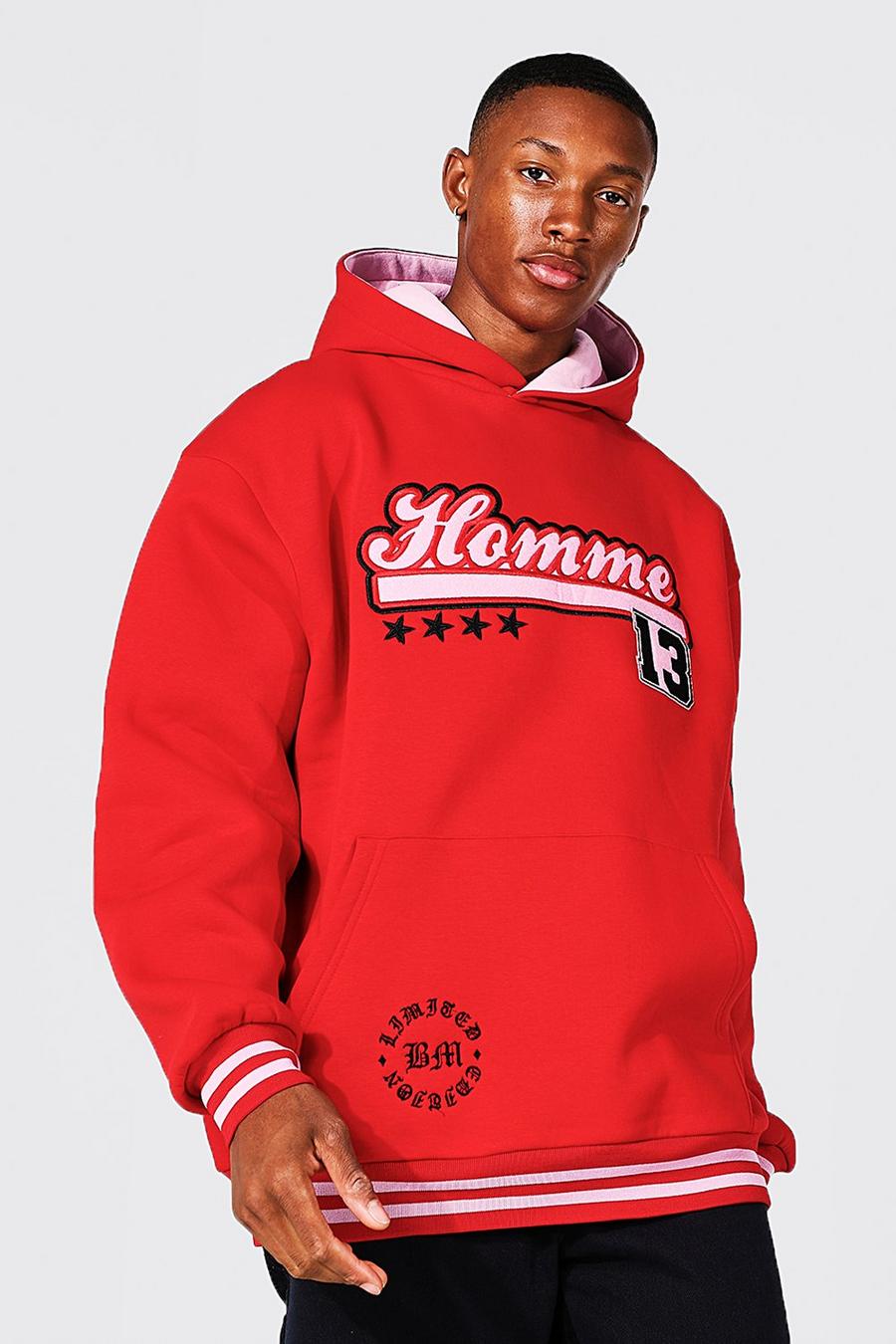 Red Oversized Homme Applique Varsity Hoodie image number 1