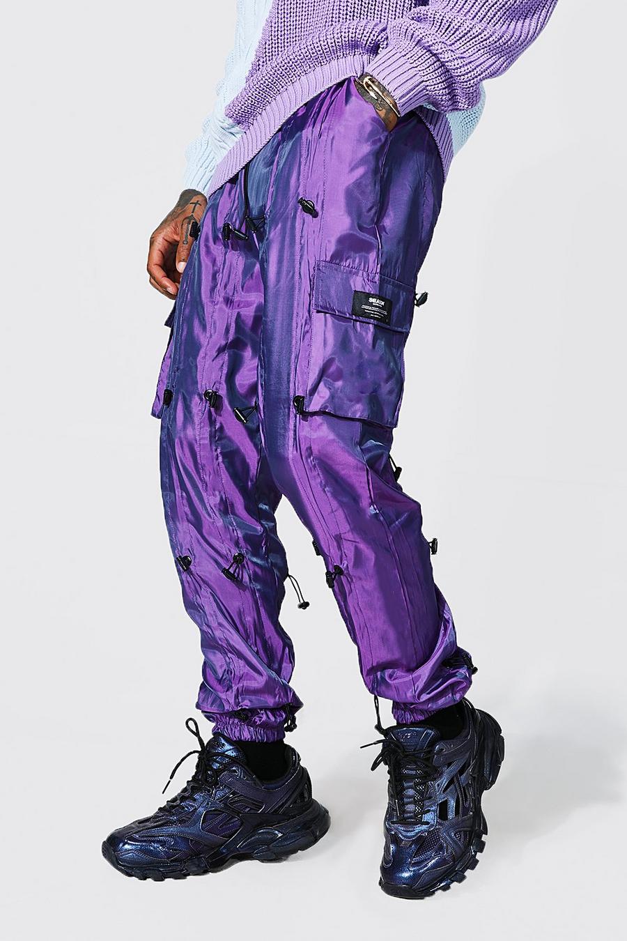 Purple lila MAN Cargobyxor med elastiska band och ledig passform image number 1