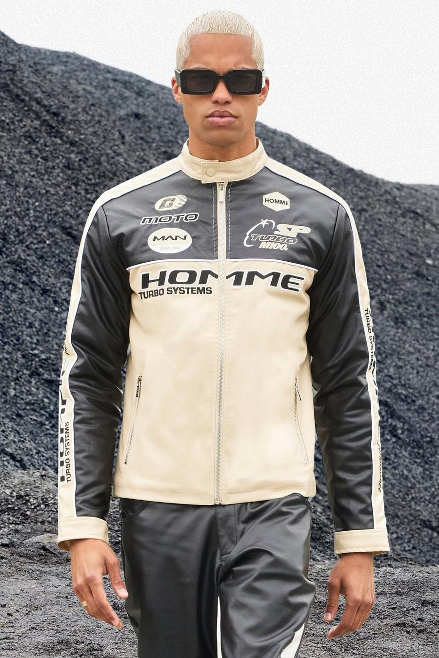 Stone beige Leather Look Homme Moto Sport Jacket image number 1