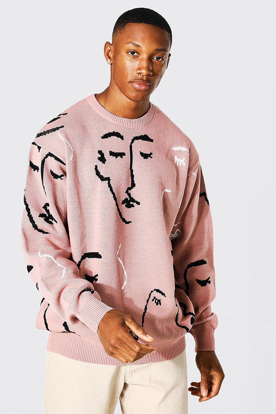 Oversize Pullover mit Rundhalsausschnitt und Gesicht-Print, Pink image number 1