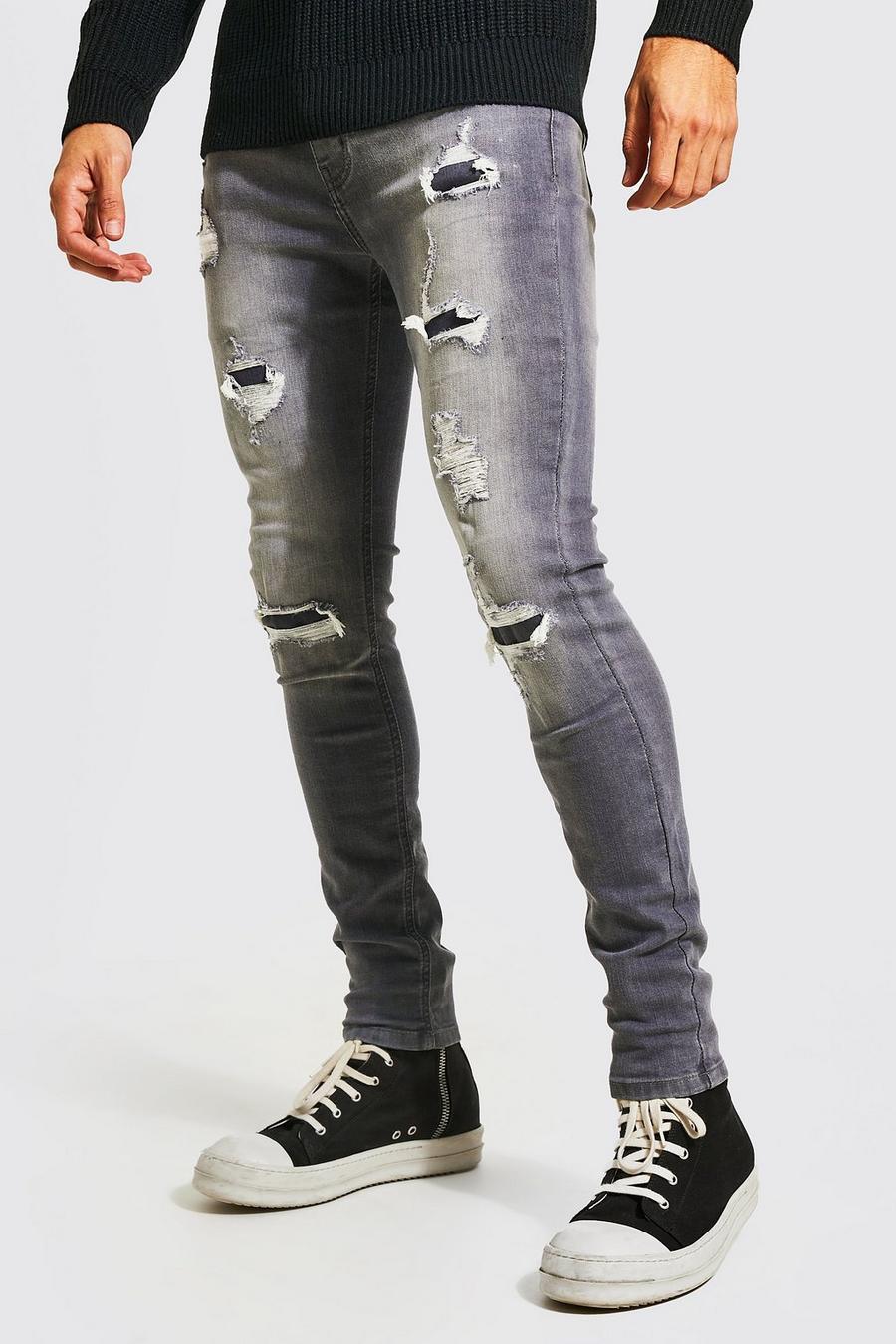 Jeans Super Skinny Fit con strappi & rattoppi dello stesso tessuto, Mid grey image number 1