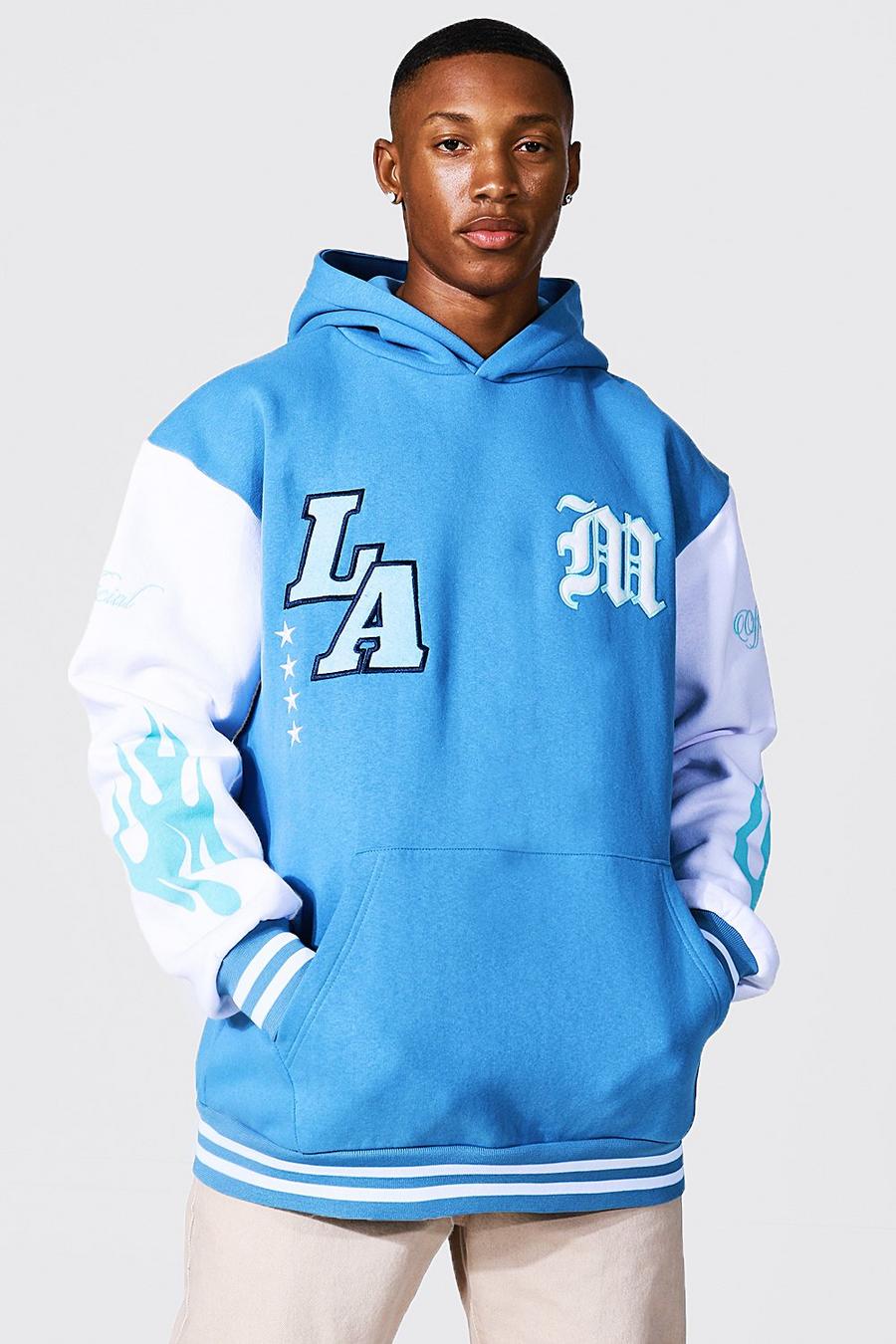 Blue blå LA Oversize hoodie i varsitystil image number 1