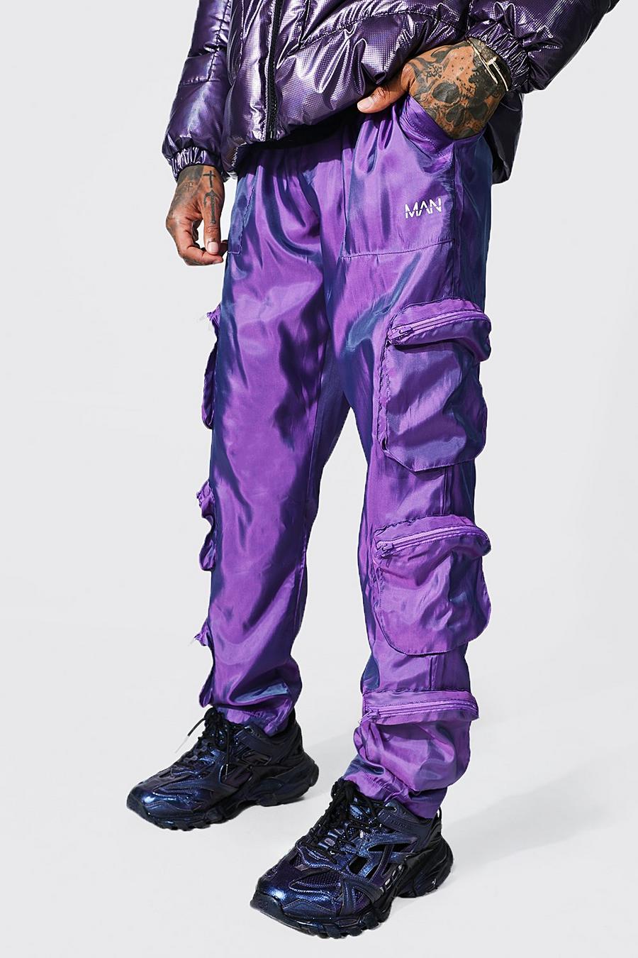 Purple Man Crinkle Shell Multipocket Cargo Trousers image number 1