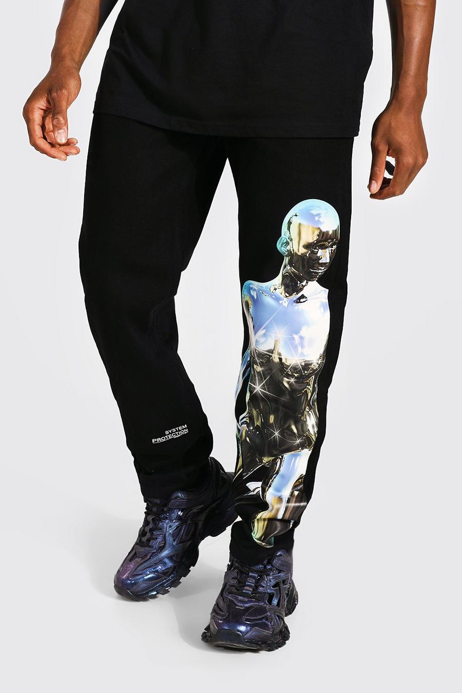 True black Jeans med ledig passform och grafiskt tryck image number 1