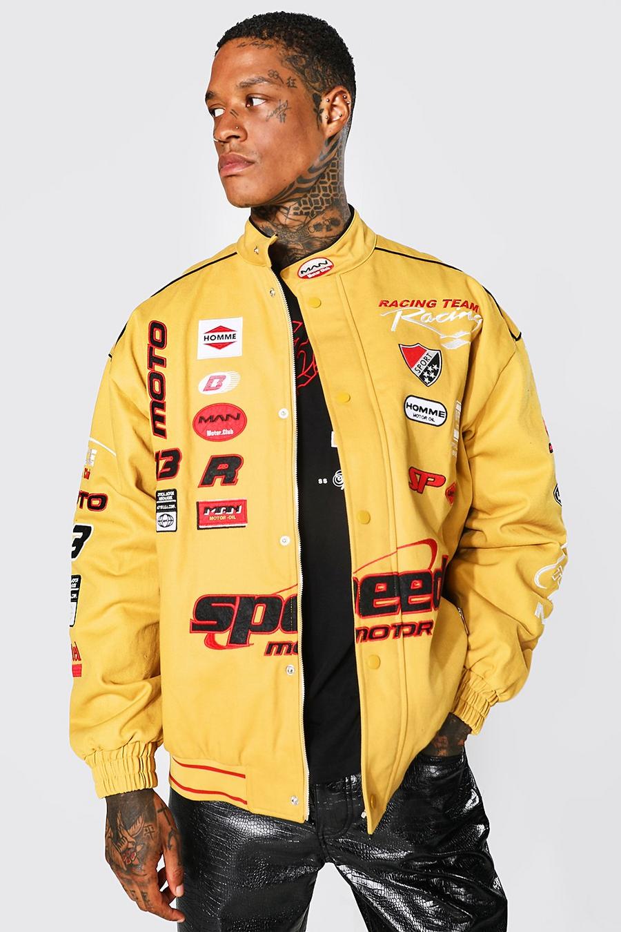 Yellow Oversized Twill Speed Moto Funnel Neck Jacket image number 1