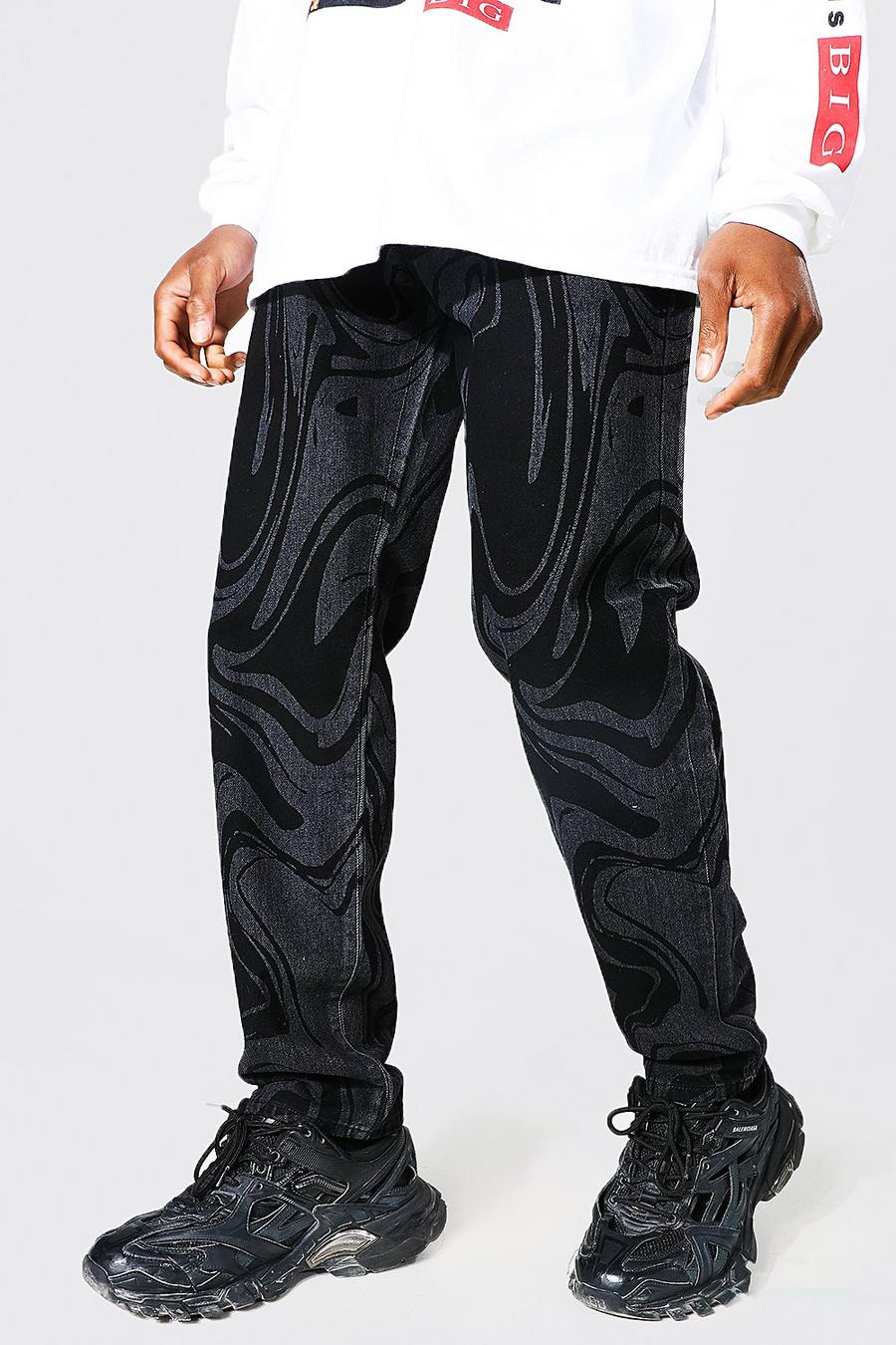 שחור ג'ינס בגזרה משוחררת עם הדפס מערבולת image number 1