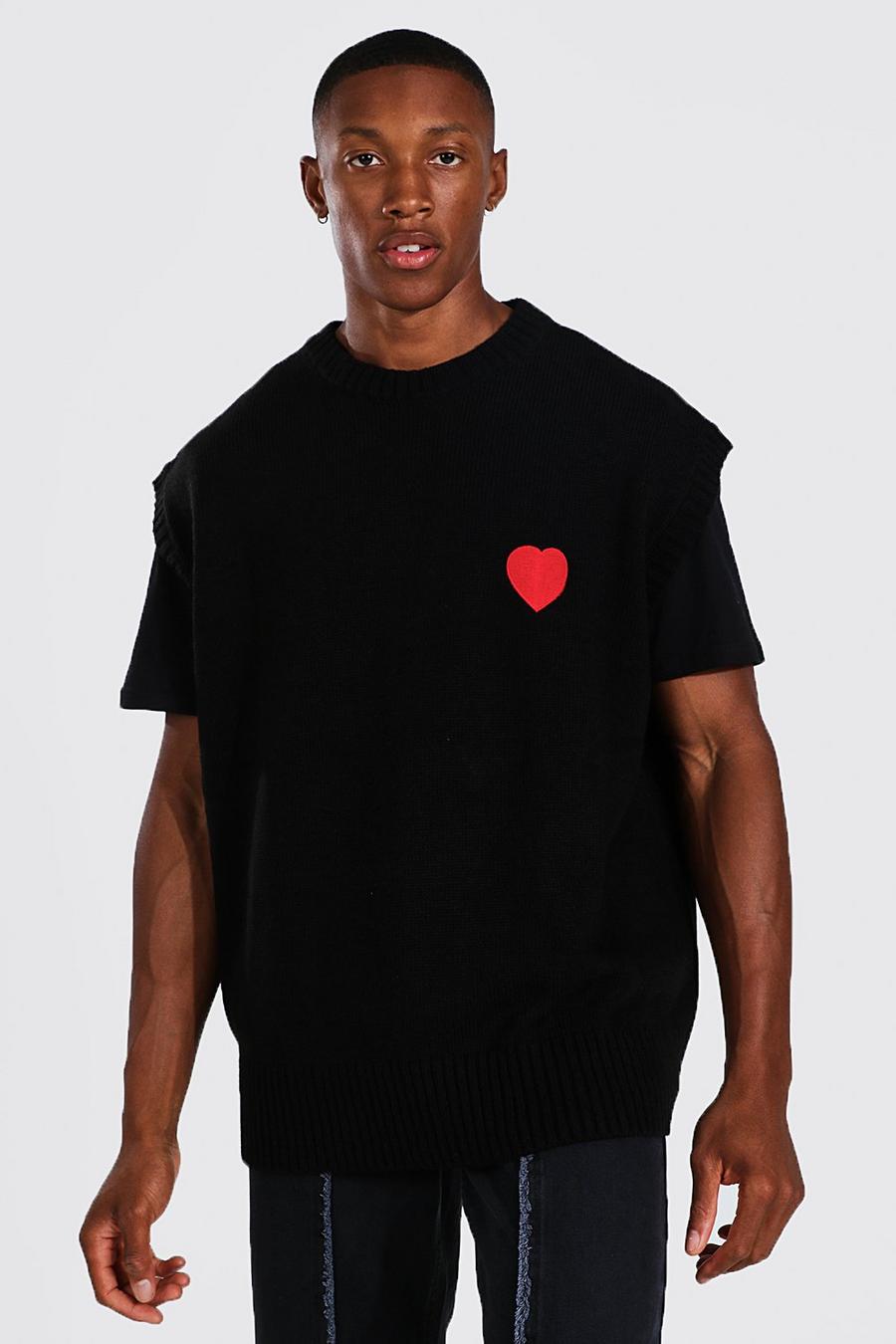 Black svart Stickat linne med broderat hjärta image number 1