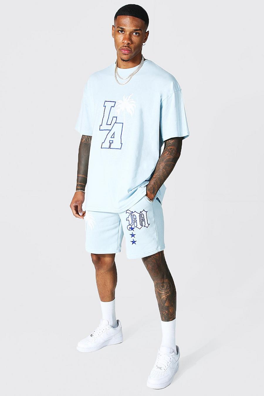 Oversize-Set aus Shorts und Shirt mit LA-Print, Hellblau blue image number 1