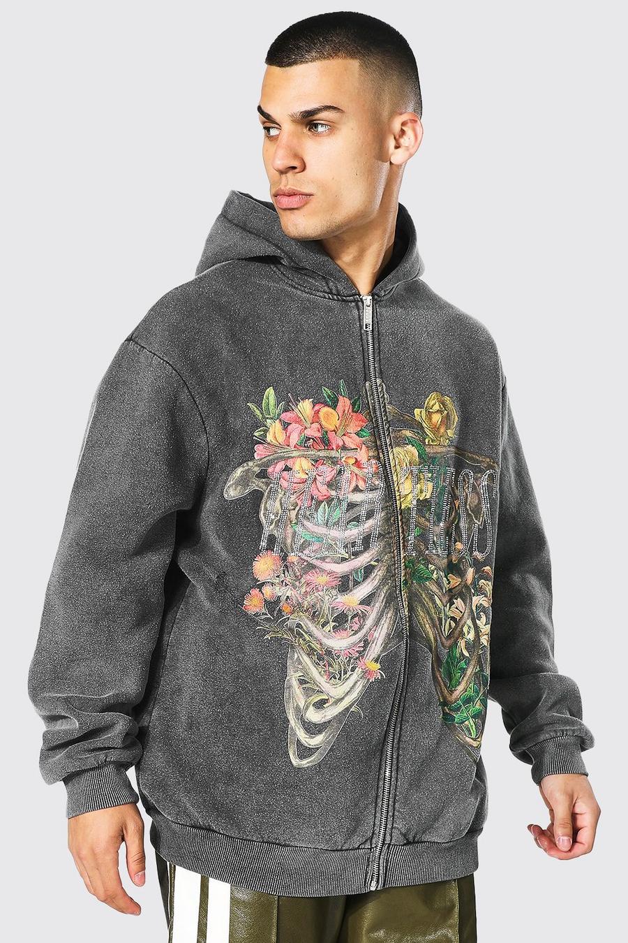 Charcoal Oversize hoodie med stentvättad effekt och dragkedja image number 1