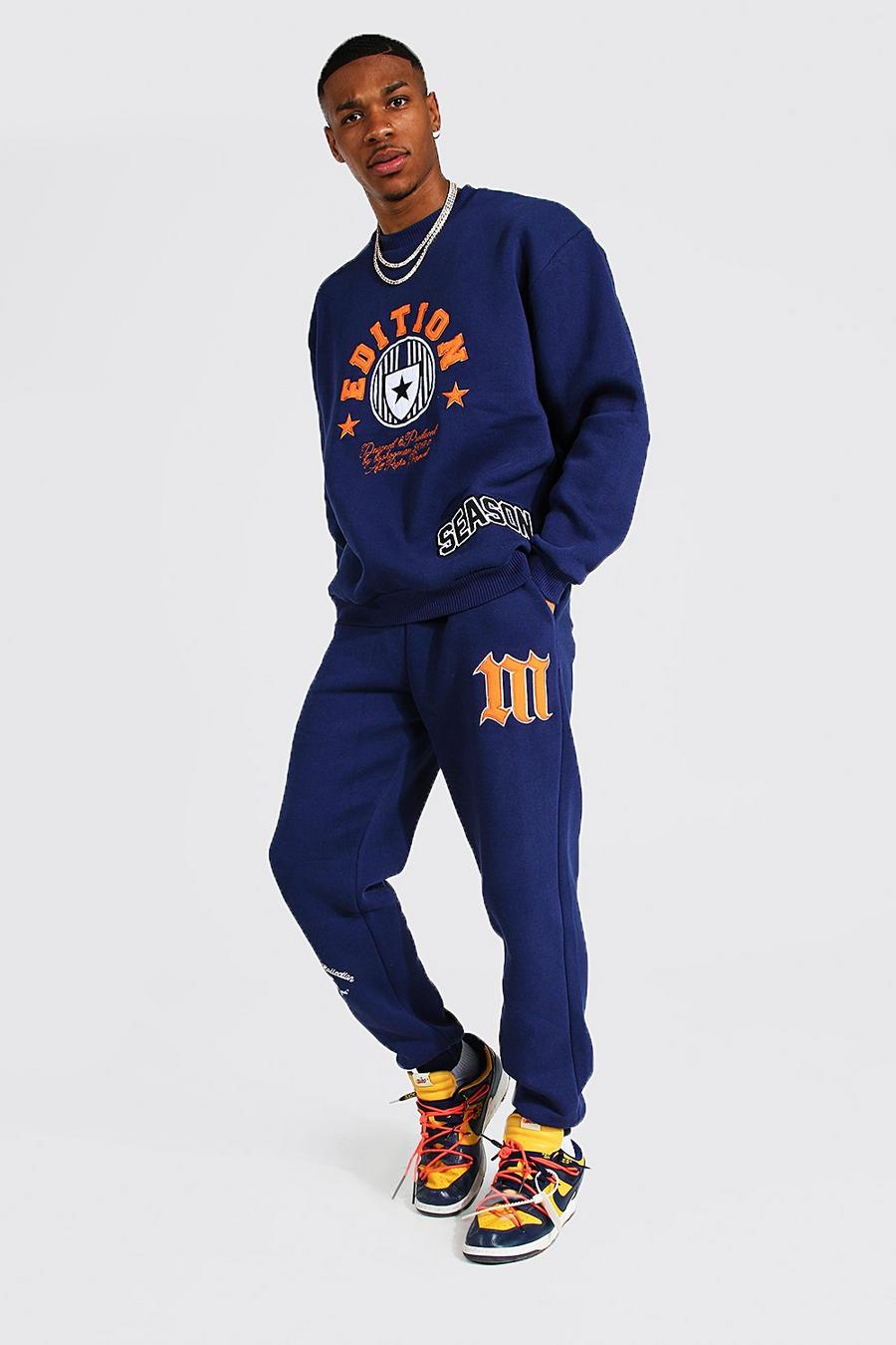 נייבי חליפת טרנינג סווטשירט אוברסייז בסגנון נבחרת ספורט עם כיתוב Edition image number 1