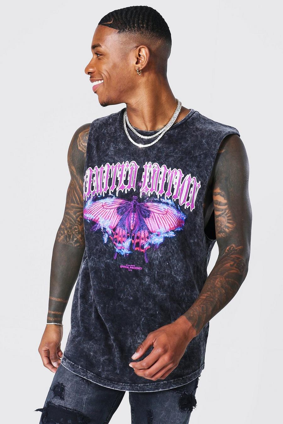 Charcoal Oversized Butterfly Graphic Acid Wash Tank image number 1
