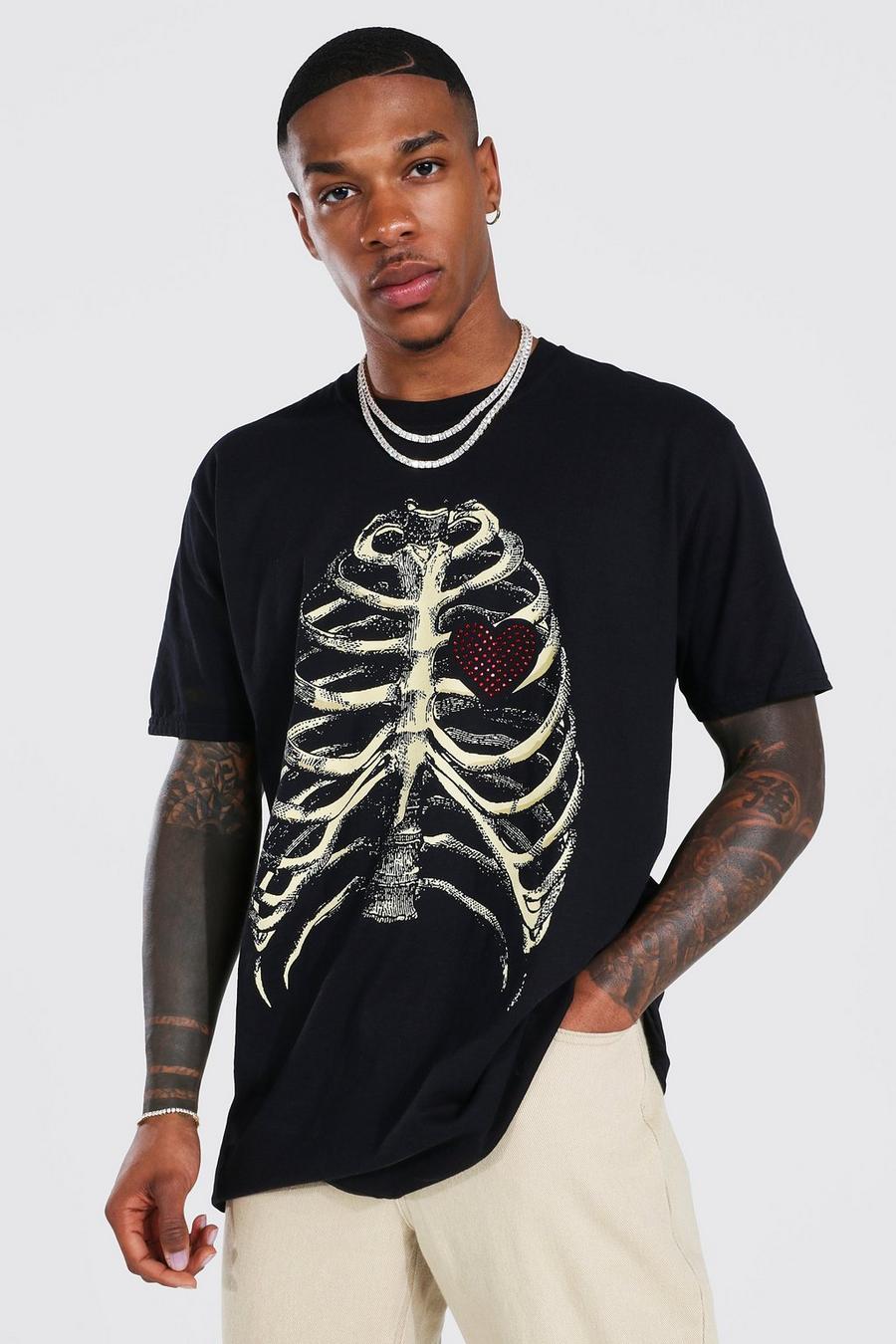 Black Oversized Skeleton Heart Rhinestone T-shirt