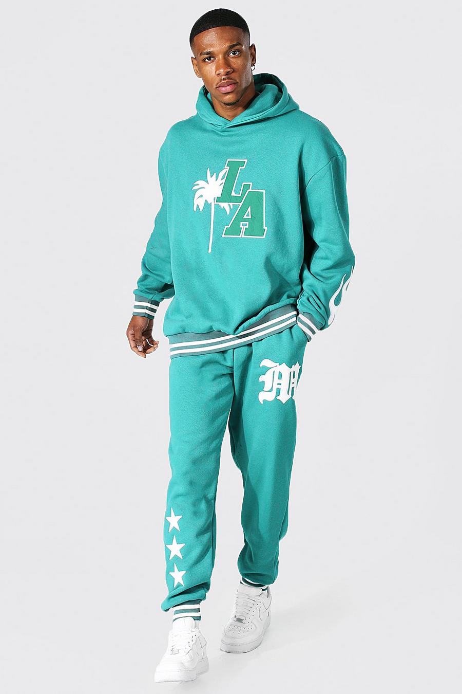 טורקיז חליפת טרנינג קפוצ׳ון אוברסייז בסגנון נבחרת ספורט עם טלאי LA image number 1