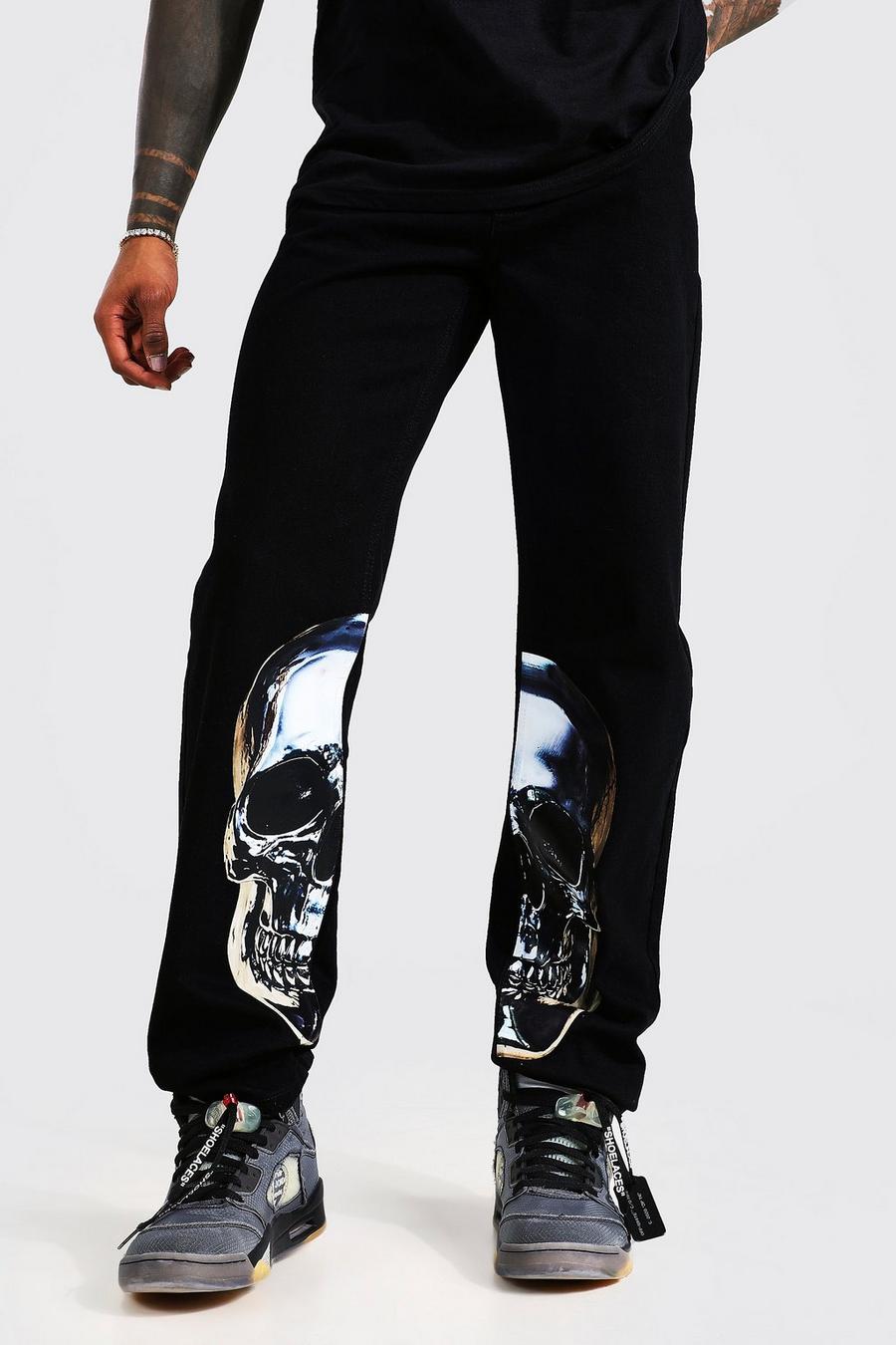 שחור אמיתי ג'ינס בגזרה משוחררת עם הדפס גולגולת וכיתוב image number 1