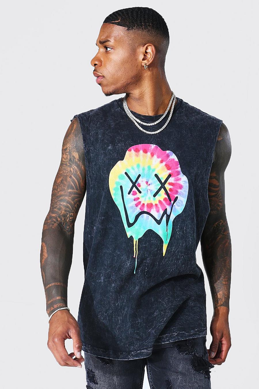 Camiseta sin mangas oversize con lavado de ácido y arcoíris con cara goteando, Charcoal gris image number 1