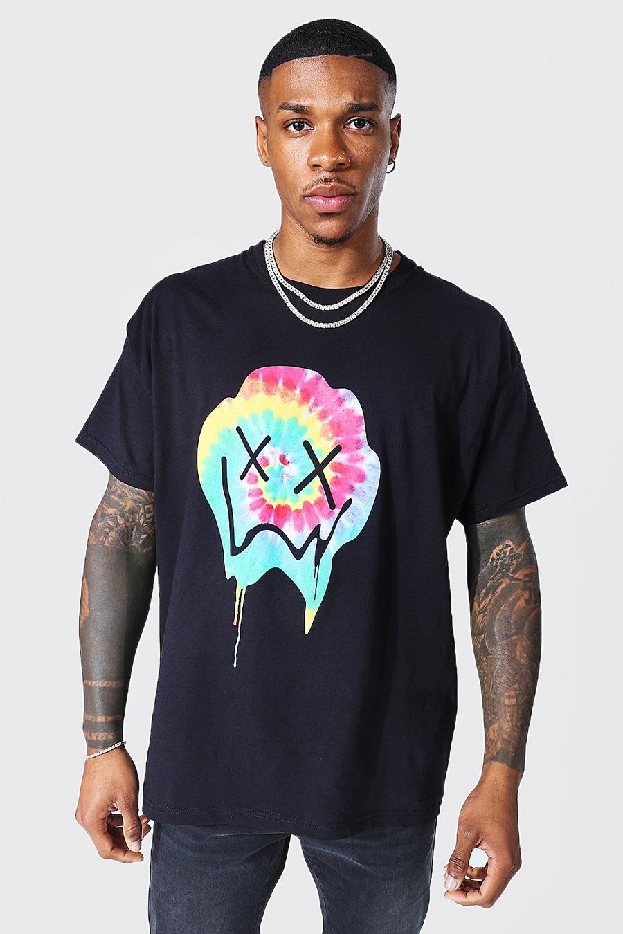 T-shirt oversize con arcobaleno e Smiley stile graffiti, Black negro image number 1