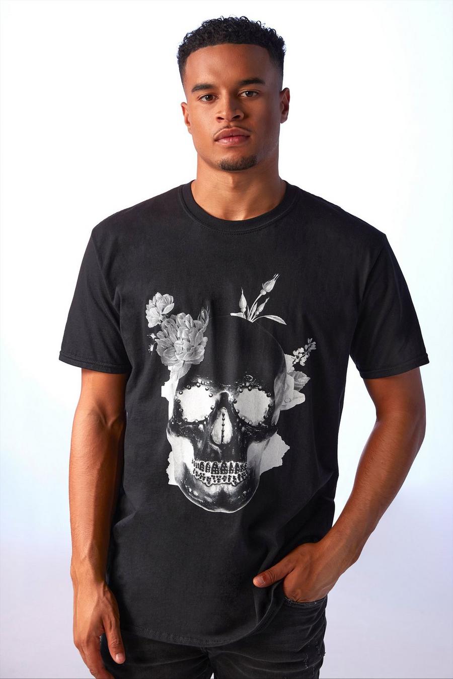 Black svart Oversize t-shirt med blommor, dödskalle och strass image number 1