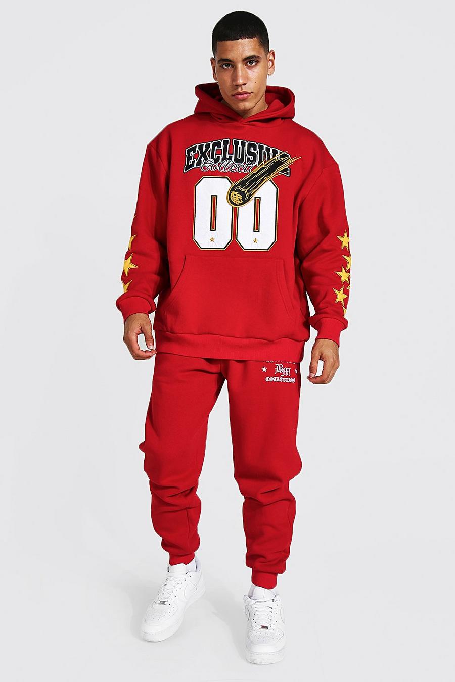 Red röd Oversized Exclusive Varsity Hooded Tracksuit image number 1