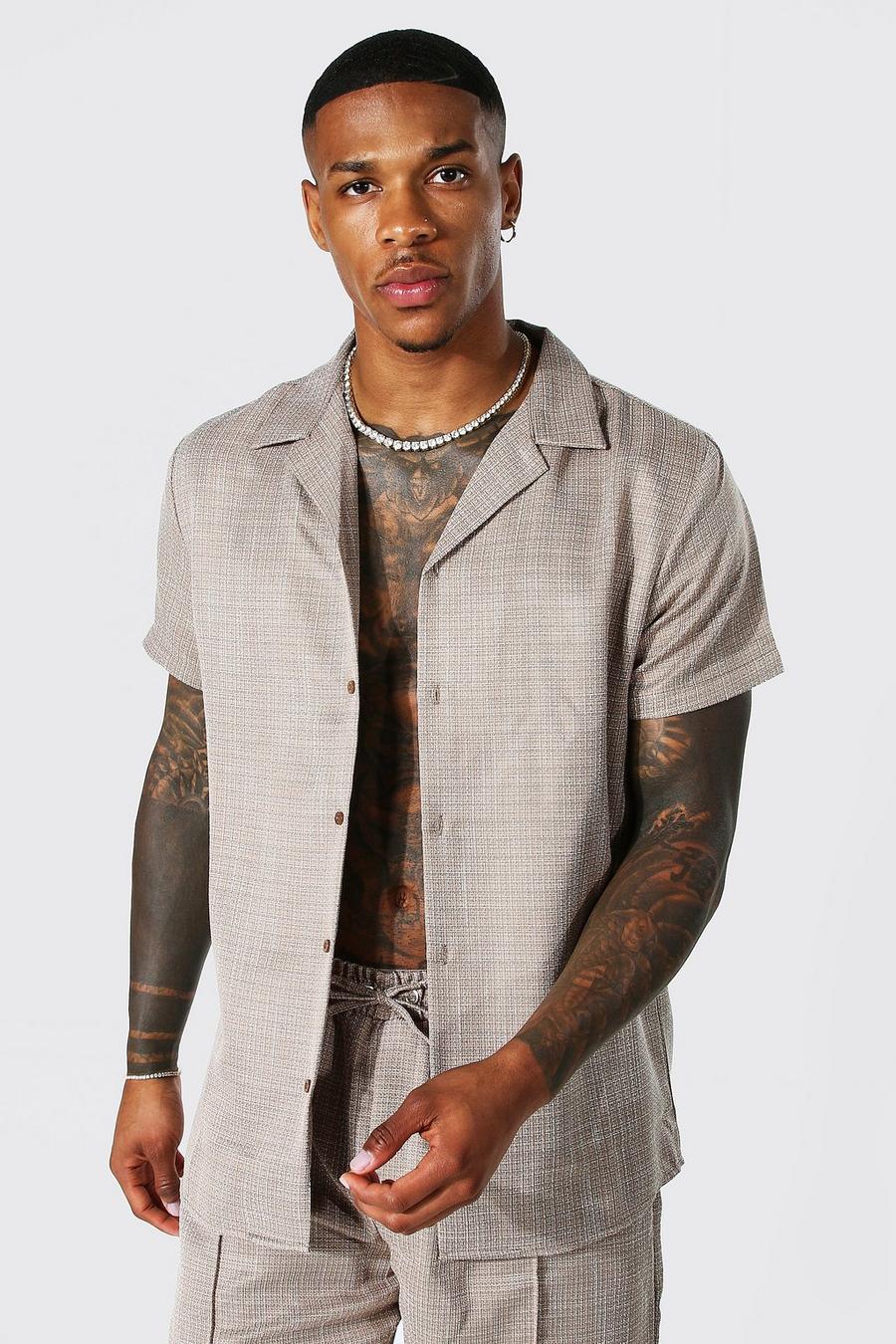 Brown brun Kortärmad linneskjorta med bowlingkrage image number 1