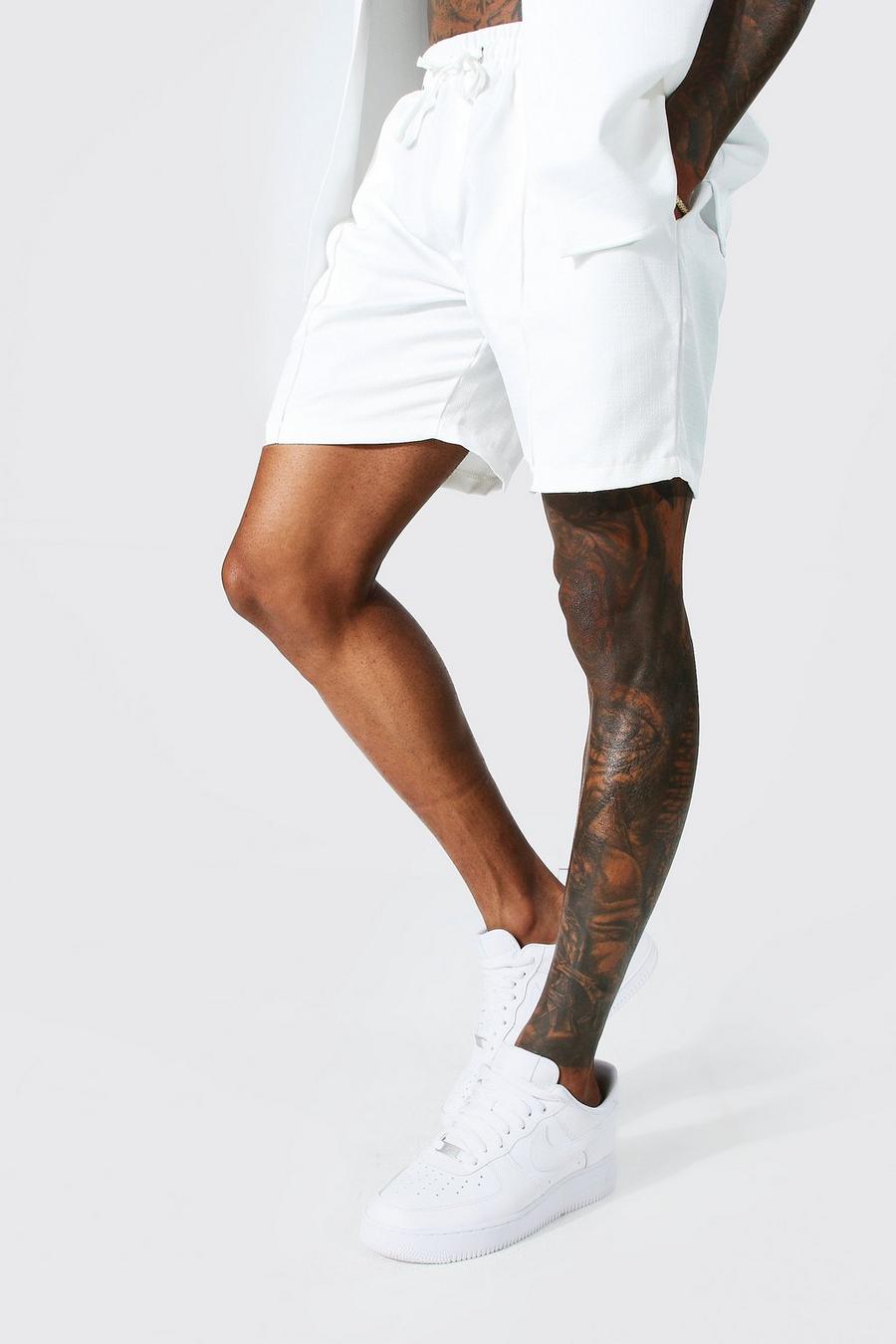 Mittellange elastische Leinen-Shorts, White image number 1