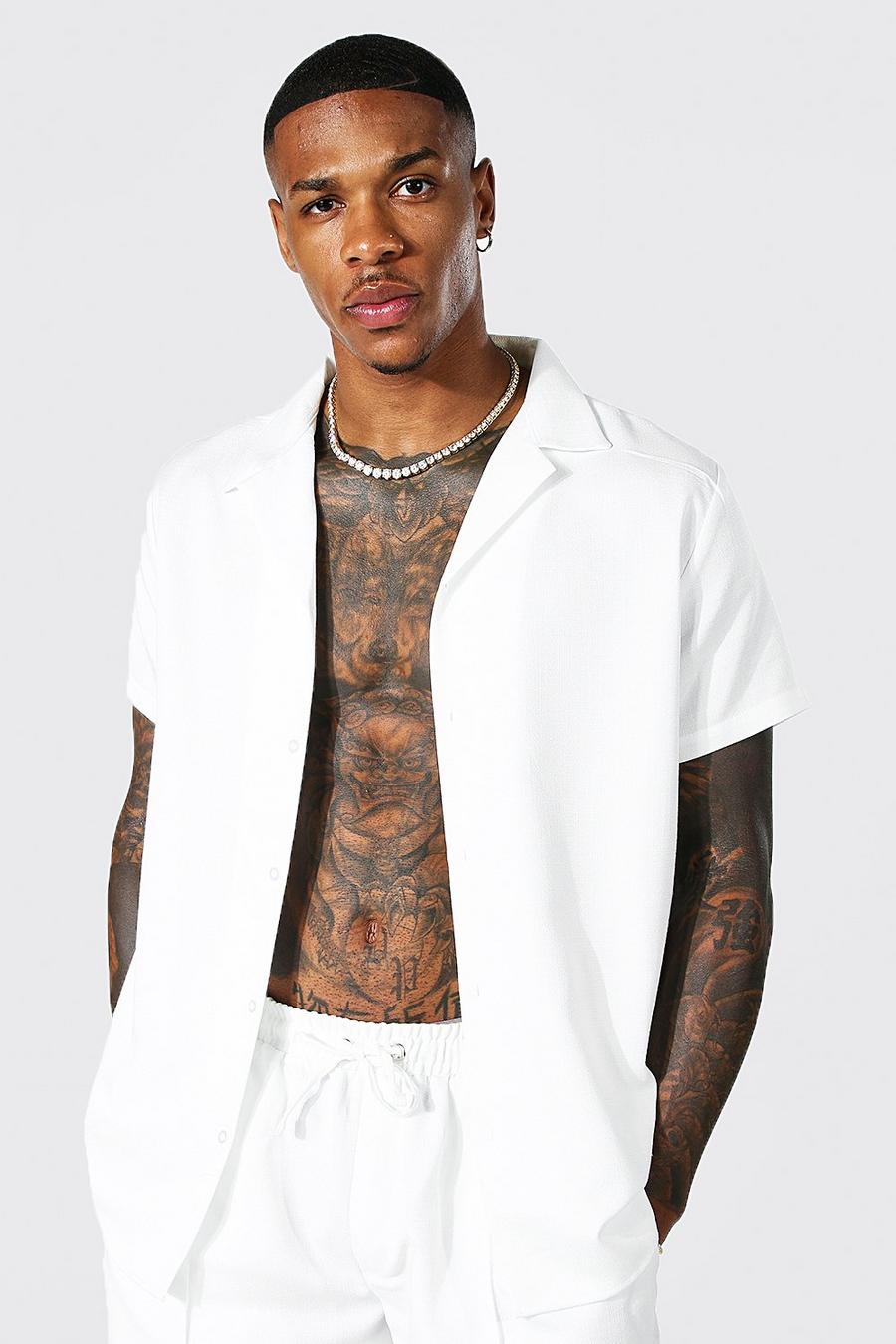 Camicia in lino a maniche corte con rever, White blanco image number 1