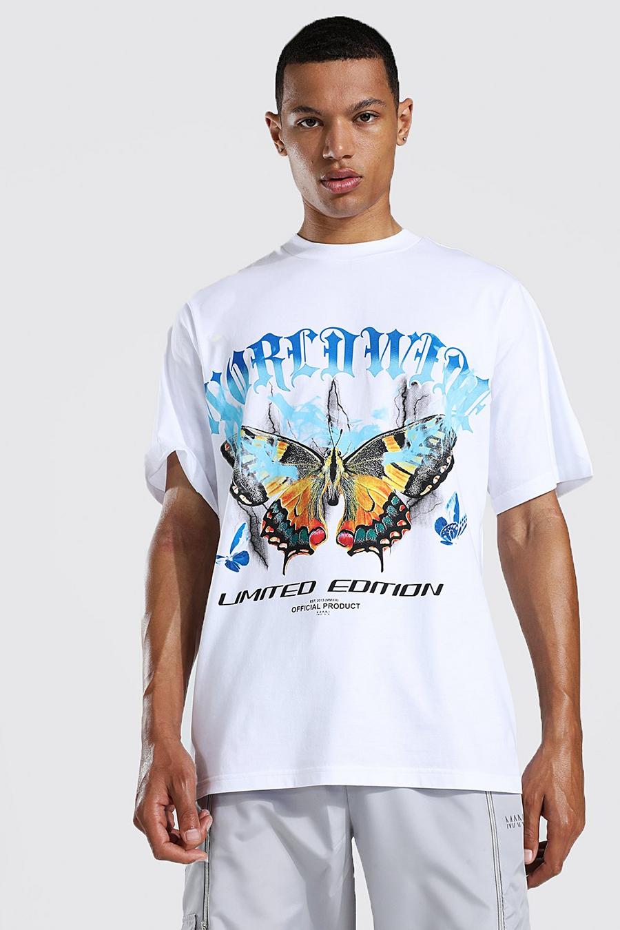 Tall T-Shirt mit verlängertem Kragen und Worldwide-Print, Weiß image number 1