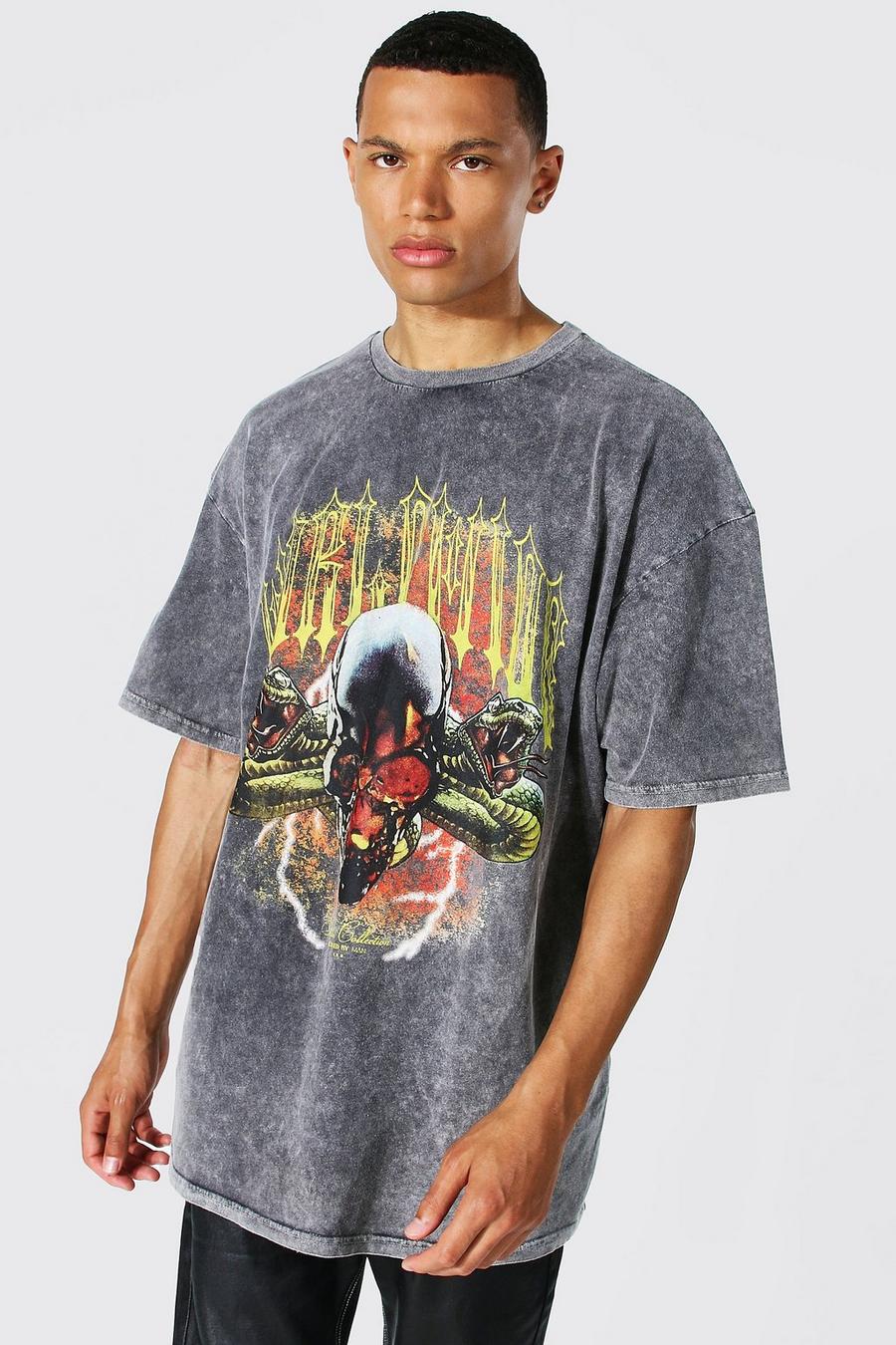 Black Tall Worldwide Acid Wash Skull T-shirt image number 1