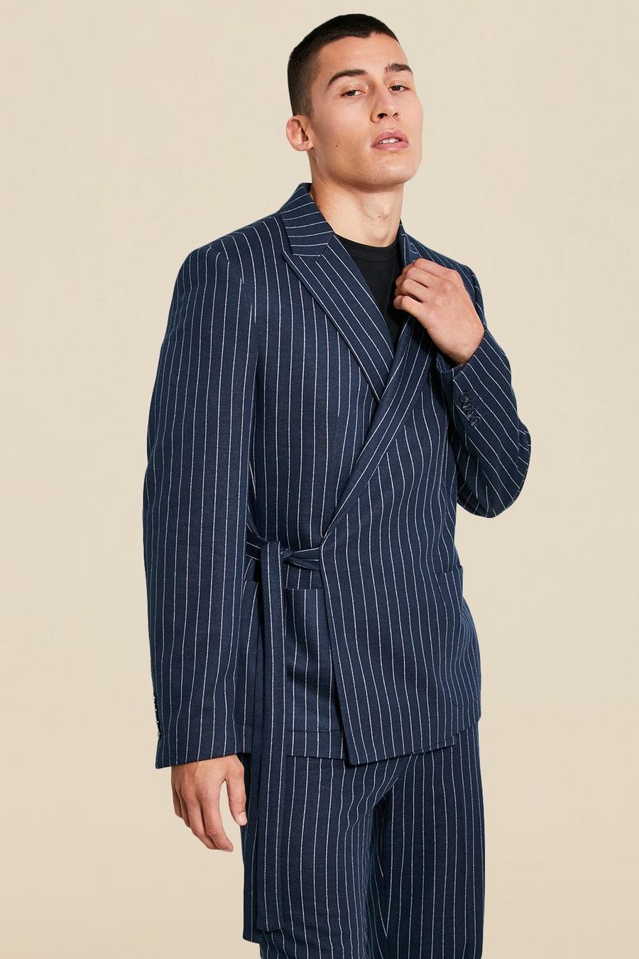 Navy Jersey Pinstripe Relaxed Wrap Suit Jacket image number 1